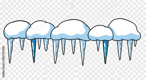 Cartoon Illustration of melting icicles hanging from snow covered roofs, winter design