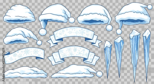 Festive winter elements set: Santa hats, snowdrifts, icicles, and ribbon banners design