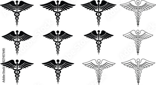 Caduceus symbol vector set with wings, serpents and medical staff variations for healthcare, medicine, pharmacy and hospital illustration