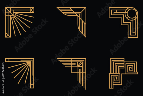 Art deco outline stroke in gold, luxury and classy style, premium vintage corner frame, line art design element, elegant decorative ornament for sophisticated graphic projects.