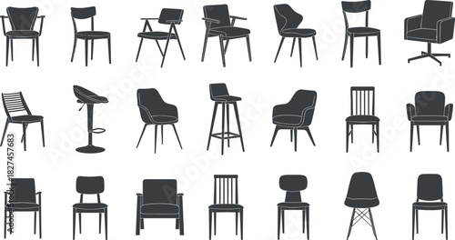 Chair silhouettes, furniture icons, seating styles, modern chairs, ergonomic design, interior decor, vector set, minimalist, office, barstool, armchair, armless, classic, contemporary, illustration