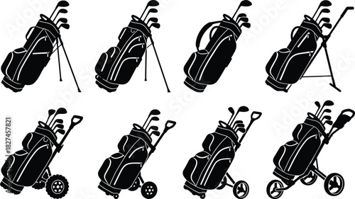 Golf bag silhouette vector set with clubs, carts, straps and wheels for golfing equipment, sport gear and design illustration