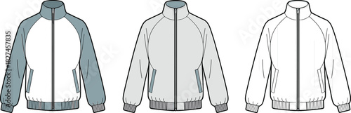 CAD drawing flat vector illustration of jacket front view variations, two tone design, zipper closure, side pockets, ribbed cuffs hem