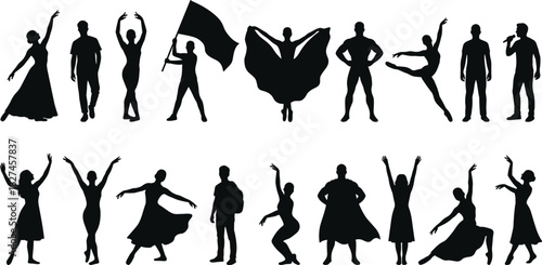 Human silhouette vector set with dancers, performers, superheroes, flags and expressive poses for celebration, art and motion design
