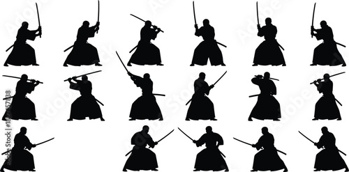 Japanese sword martial arts silhouettes with katana poses, combat stances, traditional attire for Kenjutsu, Kendo and samurai illustration design