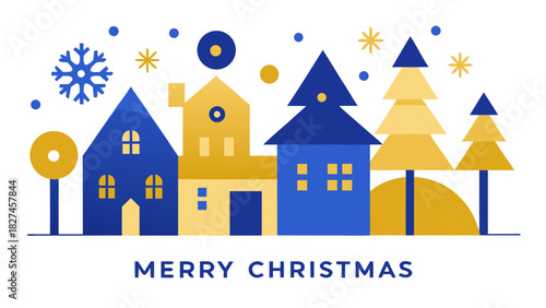Geometric christmas scene with houses trees snowflakes and festive decoration in blue and yellow colors
