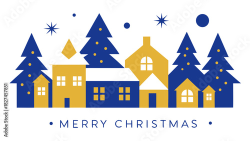 Illustration of christmas trees and houses in blue and yellow with merry christmas greetings below it