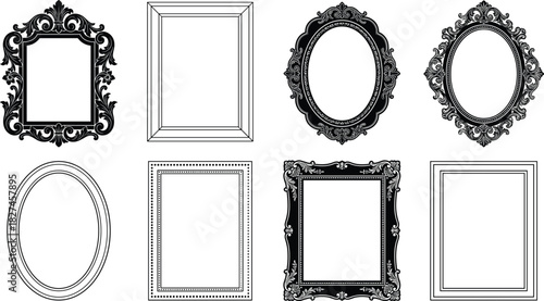Ornate picture frame silhouette vector set with oval and rectangular designs for vintage, classical, gothic, art and decor illustration