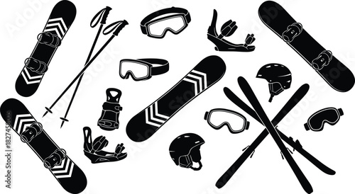 Winter sports equipment silhouette set with snowboards, skis, boots, goggles, helmets and gear for skiing, snowboarding and design use