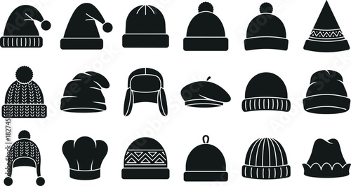 Winter hat silhouette vector set with beanies, pom-poms, trapper, beret and festive styles for fashion, design and illustration