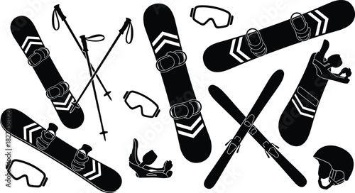 Winter sports gear vector set with snowboards, skis, goggles, boots, poles, helmet and bindings for skiing and snowboarding design