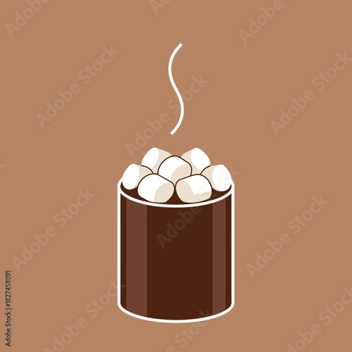 A minimalist vector illustration of a steaming hot chocolate drink topped with fluffy white marshmallows in a dark brown mug.