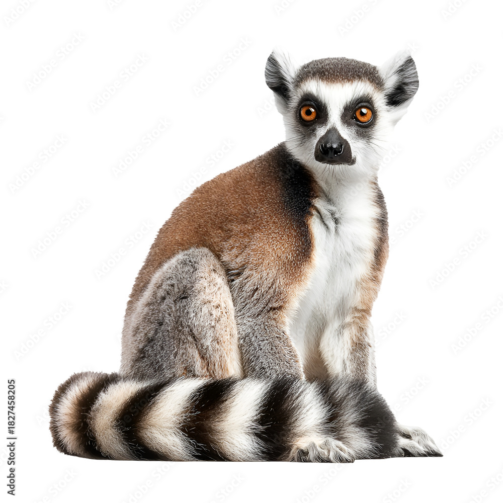 Obraz premium Ring tailed lemur sitting calmly with distinctive striped tail isolated on transparent background