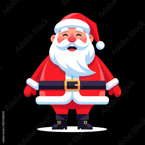 A cheerful cartoon illustration of Santa Claus with a big white beard and red suit, smiling happily on a black background.