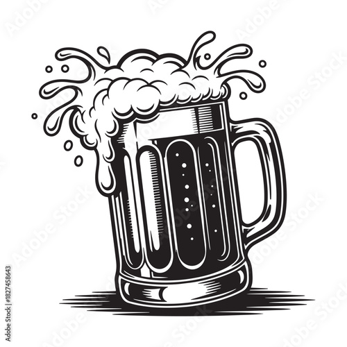 Black and white illustration of a beer mug overflowing with frothy foam and splashes, depicting a refreshing drink, isolated on white background