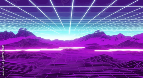 Synthwave landscape with mountains, grid and neon lights evoking retro future