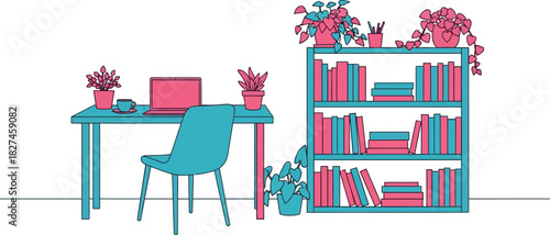 Cartoon vector illustration of pink furniture and a flower on a table in a child's cafe room interior design drawing
