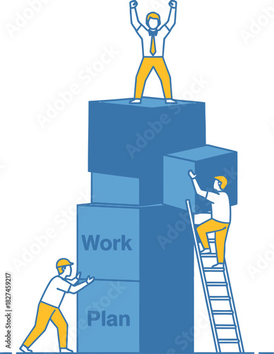 Business concept illustration of a cartoon businessman climbing up a ladder vector symbol