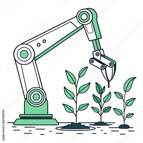 Automated robotic arm tending to small green plants growing in soil with a clean modern flat design illustration