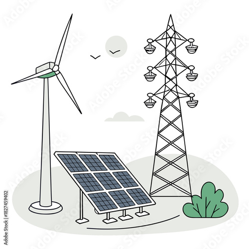 Sustainable energy sources including a wind turbine solar panels and a power transmission tower in a stylized landscape