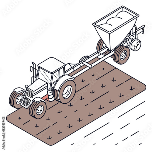 Isometric illustration of a tractor pulling a fertilizer spreader across a field with rows of seeds or plants