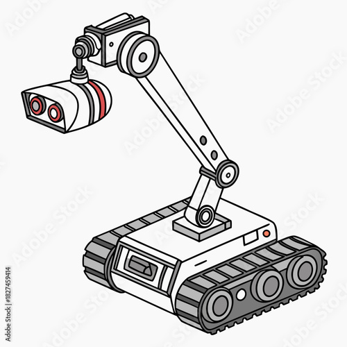 Isometric illustration of a white tracked robot with a mechanical arm holding a surveillance camera on a white background