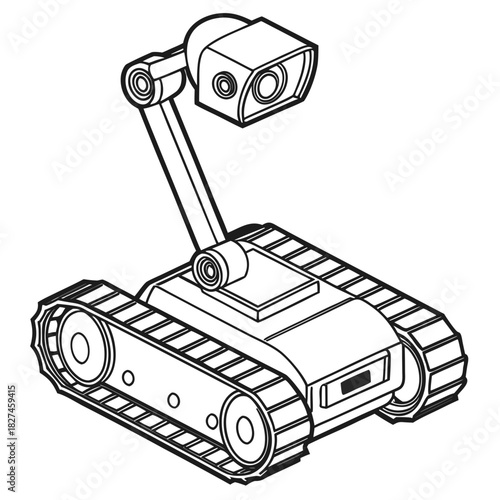 Isometric line art illustration of a small tracked robot with a camera mounted on an articulated arm against a white background