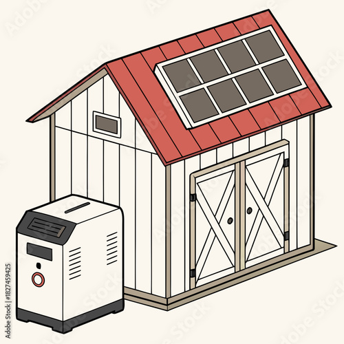 A charming illustration of a rustic shed with solar panels on its red roof and a modern generator beside it