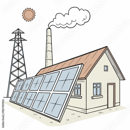 Cartoon illustration of a building with solar panels and a smoking chimney next to a power line tower