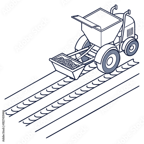 Agricultural seed planter machine with hopper and seed box planting seeds in neat rows on a field