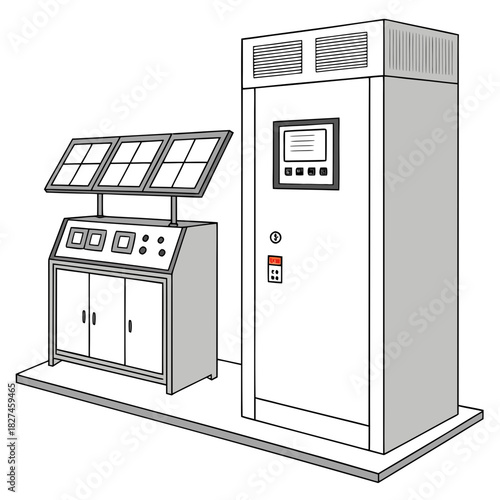 Illustration of a modern industrial control panel with solar panels and digital displays for energy management