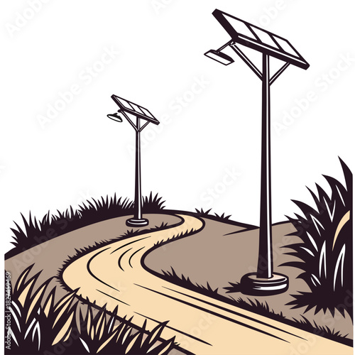 Stylized illustration of a winding path with solar powered street lights illuminating the way through a grassy landscape