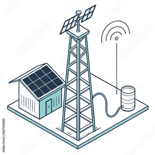 Isometric illustration of a solar powered communication tower connected to a storage tank and broadcasting a signal
