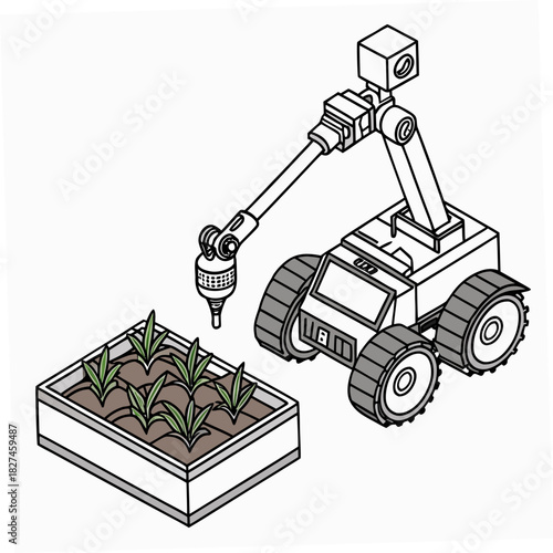 A futuristic agricultural robot with a camera and robotic arm tending to young plants in a planter box