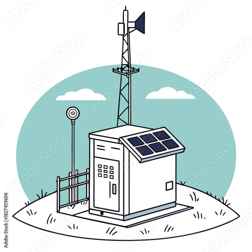 A clean line drawing illustration of a small weather station with solar panels and a communication tower on a grassy hill