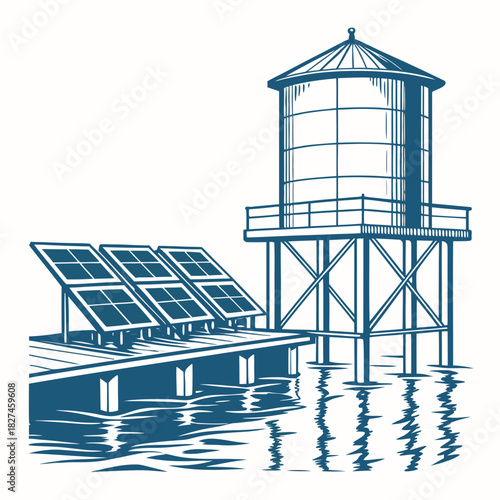 Illustration of a water tower on stilts with solar panels on a pier next to the water