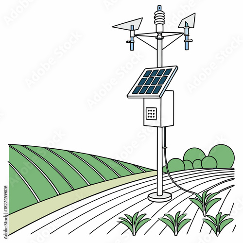Modern agricultural weather station with solar panel and sensors in a field with crops and green rolling hills