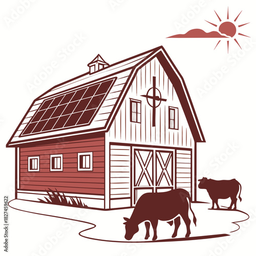 Red barn with solar panels on the roof and cows grazing in front under a sunny sky with a cloud