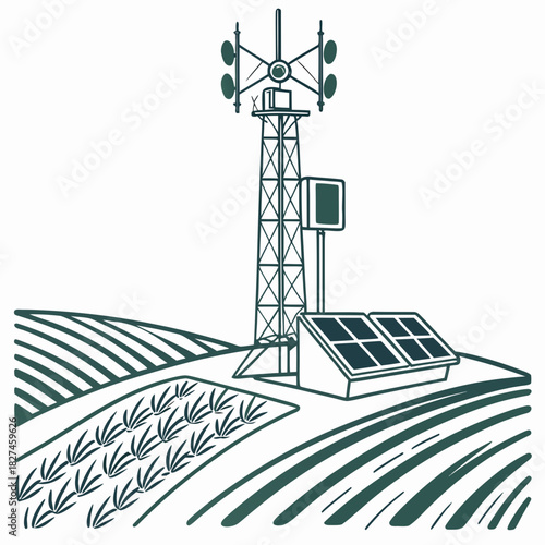 Modern agricultural landscape featuring a communication tower and solar panels powering a farm with growing crops