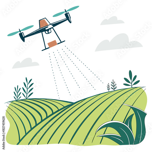 Modern agricultural drone spraying crops in a green field with rolling hills and clouds in the sky