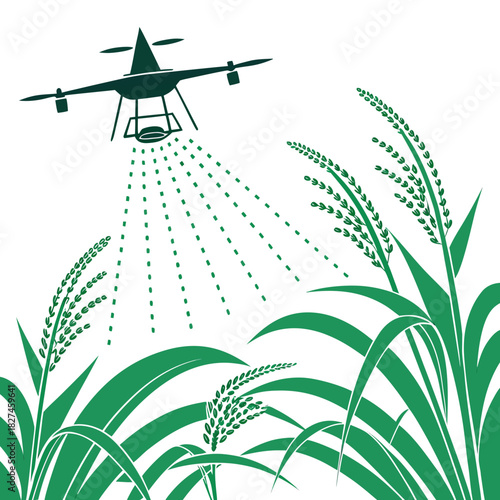 Modern agricultural drone spraying crops with green liquid over a field of rice plants in a stylized illustration
