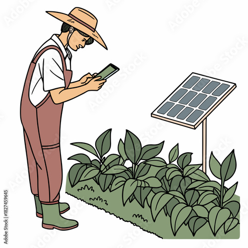 Farmer wearing overalls and hat uses a tablet to monitor crops near a solar panel in a field