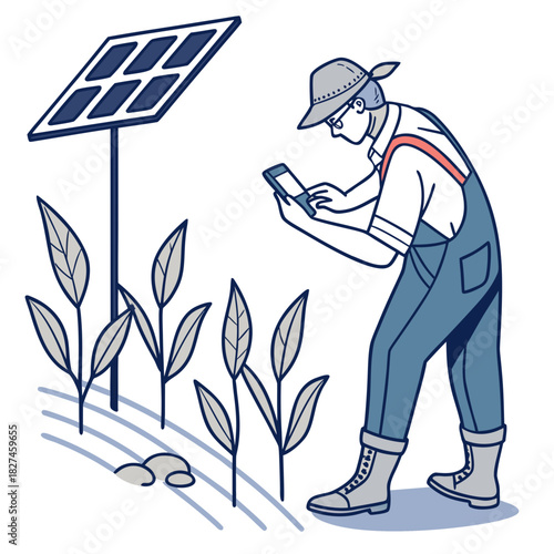 Farmer with smartphone and solar panel monitoring crops in a field illustrating smart agriculture technology