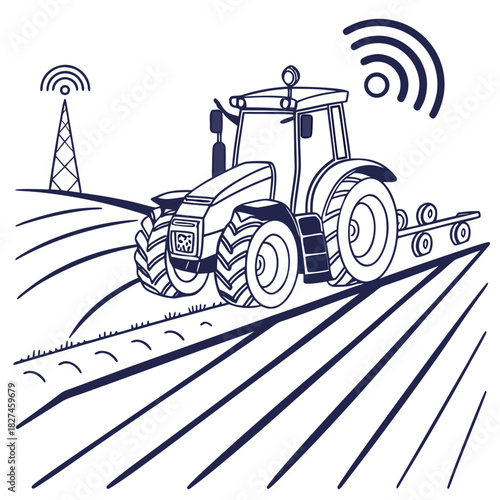Modern autonomous tractor plowing a field with wireless communication tower and signal waves representing smart farming technology