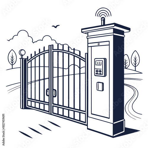 Modern automatic driveway gate with intercom and wireless signal for secure property access and entry