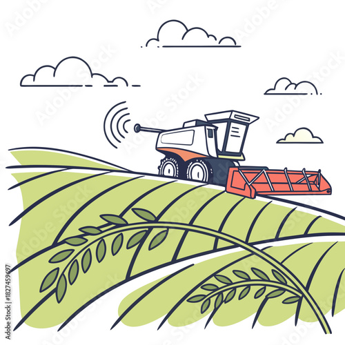 Modern autonomous combine harvester operating in a green field with wireless technology signals and clouds overhead