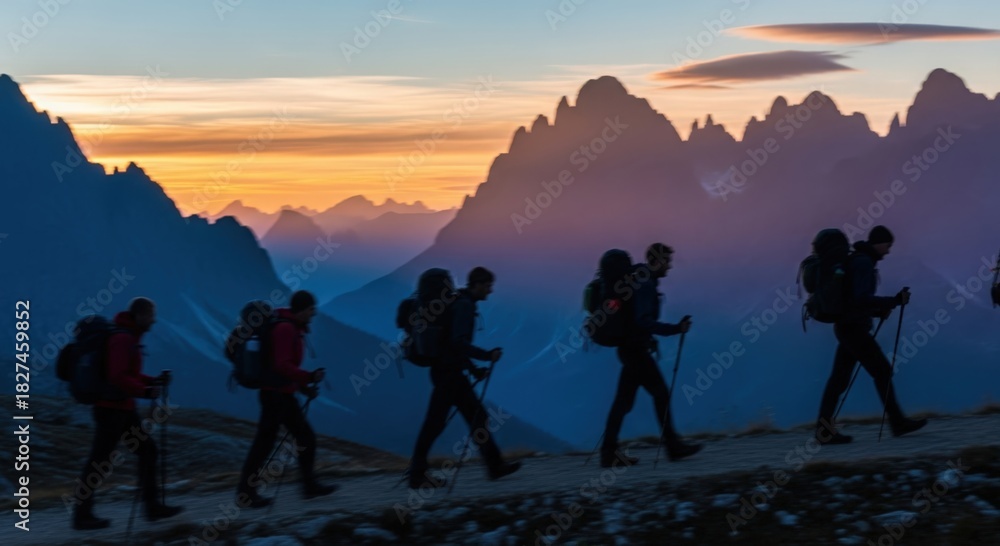 Obraz premium Team of Backpackers Walking Through Mountain Landscape at Dusk