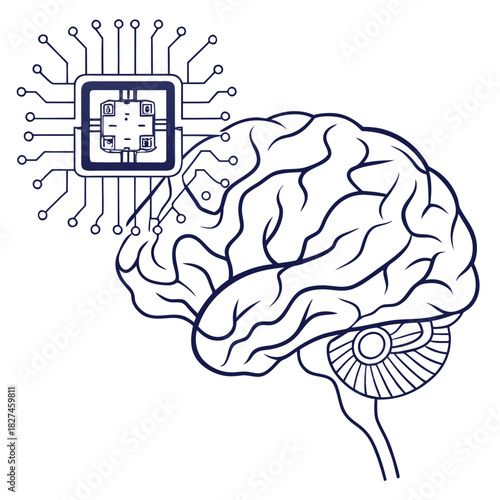 Stylized illustration of a human brain connected to a microchip symbolizing artificial intelligence and advanced technology