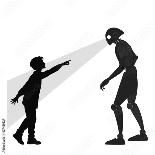 Silhouette of a young boy pointing towards a tall humanoid robot with a beam of light emanating from the robot s head