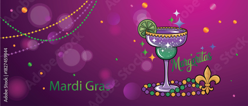 Mardi Gras Margarita Cocktail with Beads and Sparkles